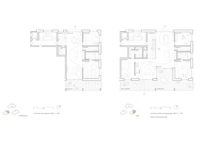 Studienauftrag Dorfkern Ipsach, wahliruefli, Situation, Grundriss 2.Obergeschoss, Grundriss 3.Obergeschoss